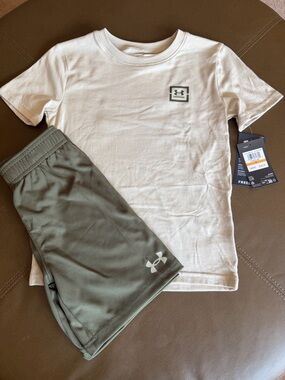 Under Armour Cream Tee and Olive Green Athletic Shorts Set
